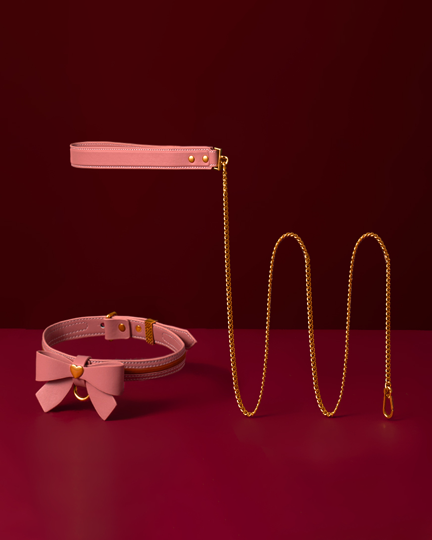 Pink Leather Bow Bondage Collar With Leash - Bondage Collar - Sevanda